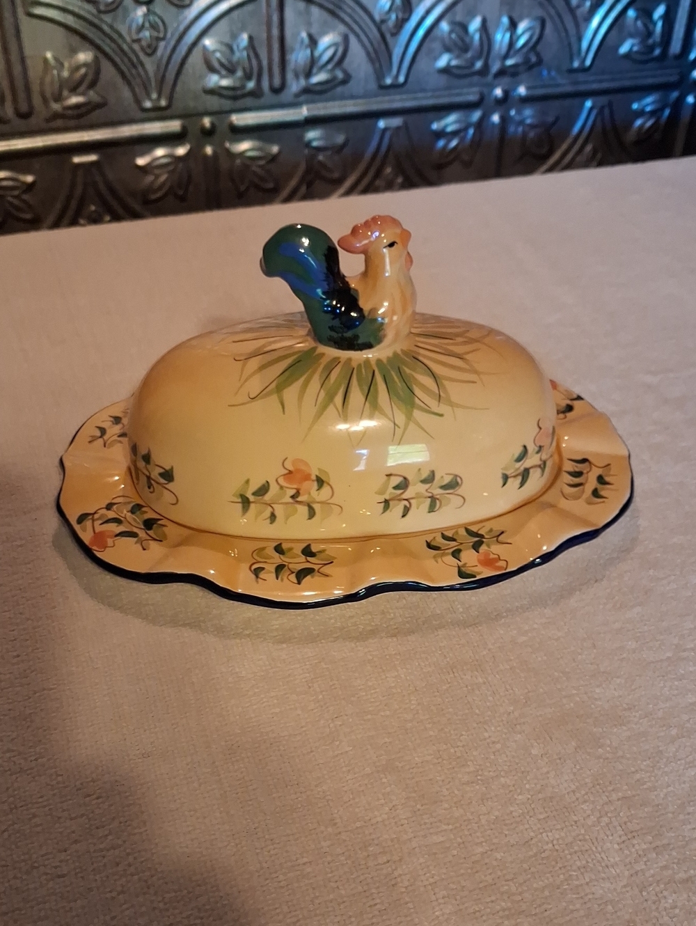 Vintage Yellow Ceramic Butter Dish with Rooster Handle